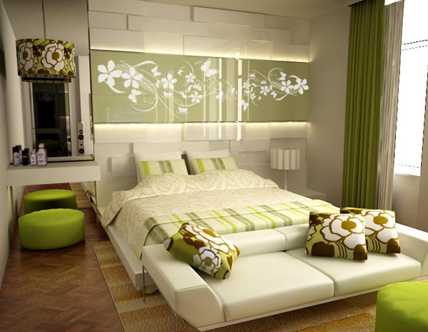 Miegamojo interjeras žalia spalva